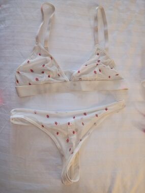 White Strawberry-Print Bralette & Bikini Set